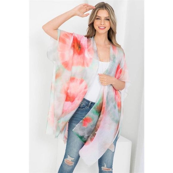Pink Green Sunburst Print Tie Dye Open Front Kimono - Picture 5 of 6